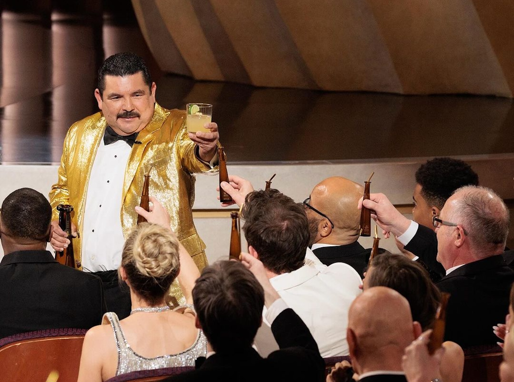 Guillermo Jimmy Kimmel at Oscar Academy Awards Anejo tequila toast with Coleman Domingo