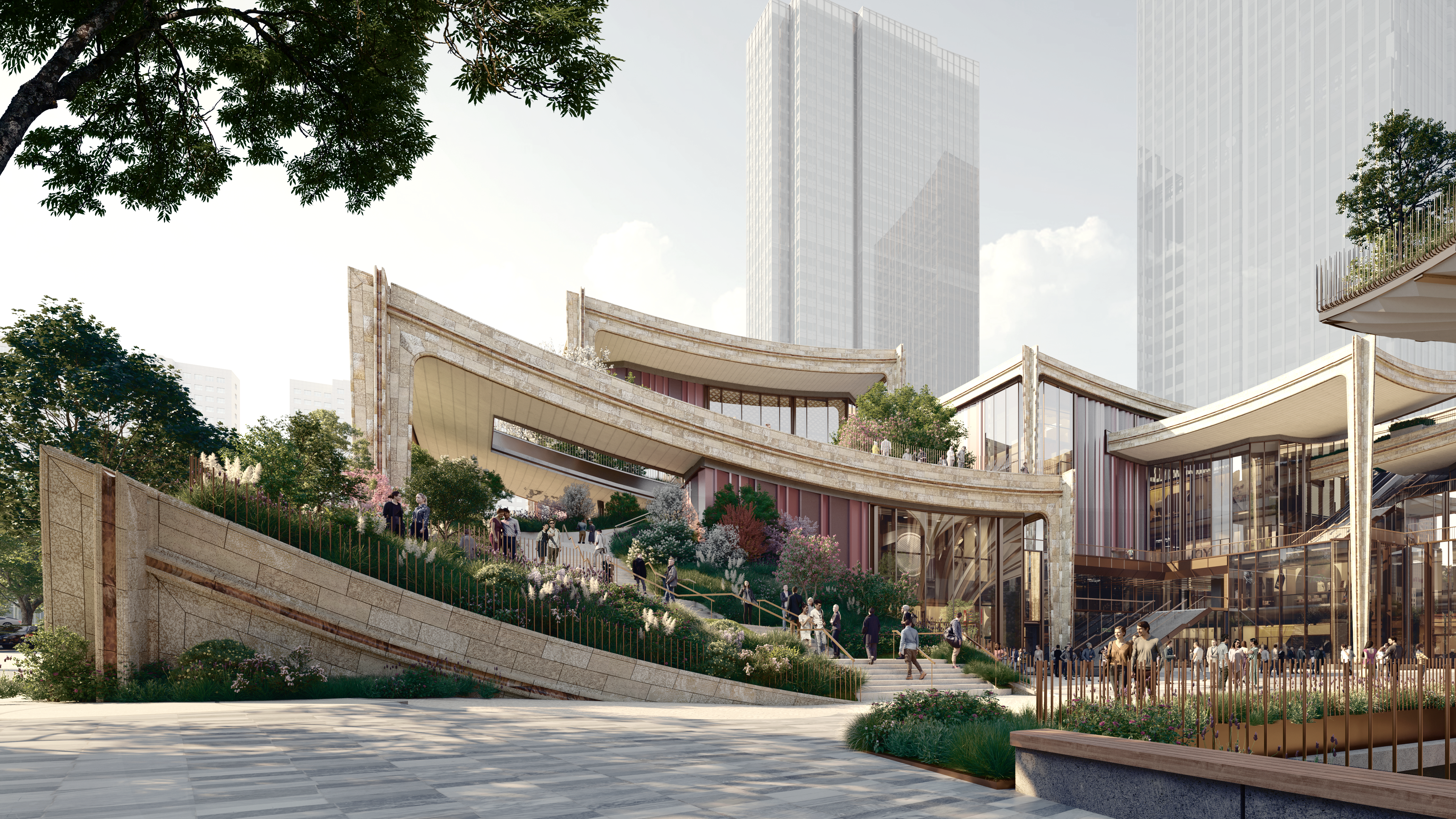 Heatherwick Studio and CR Land are developing a new 115,000 square meter shopping district in Xi’an, Shaanxi, China, inspired by the city’s historical connection to ceramics. The design features interlocking buildings resembling traditional nesting tables, with green spaces like rooftop gardens and sunken terraces. The district offers visual complexity from various perspectives, with a skyline inspired by Xi’an’s temple roofs and ceramic cladding patterns reflecting the Terracotta Army. The project, designed through a hands-on process involving local artisans, is set to open in 2024. Park Hyatt Xi'an will call home. 