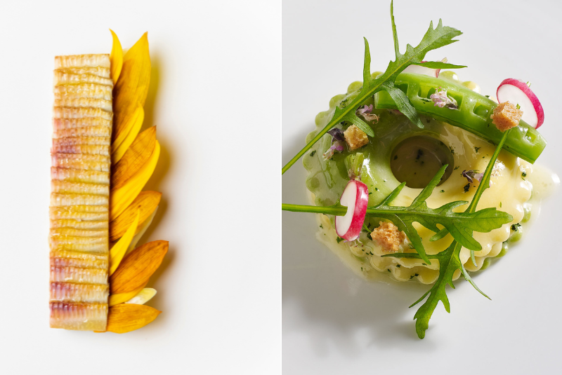 Sunflower with summer beans, epazote and savoury at Eleven Madison Park and ricotta basil anolini at The French Laundry 50 Best list